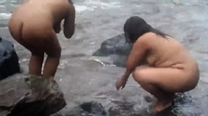 Two Indian Mature Womens Bathing In River Naked