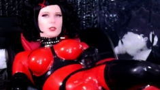 Outstanding Tranny in Red Latex gets Horny Webcam Show Part2