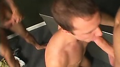 Excited young faggot Corbin sucking an immense shaft in a threesome