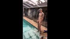 Married hunk jerks off over the pool while smoking