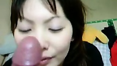 Asian teen GF does blowjob and shows hairy pussy