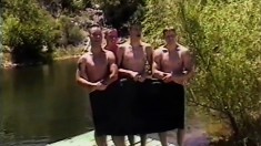 Four guys go skinny dipping and explore each other's masculine cocks