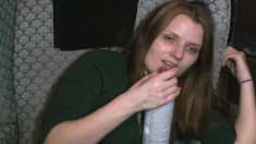 Brunette crack whore whiffs keyboard cleaner and gives a blowjob